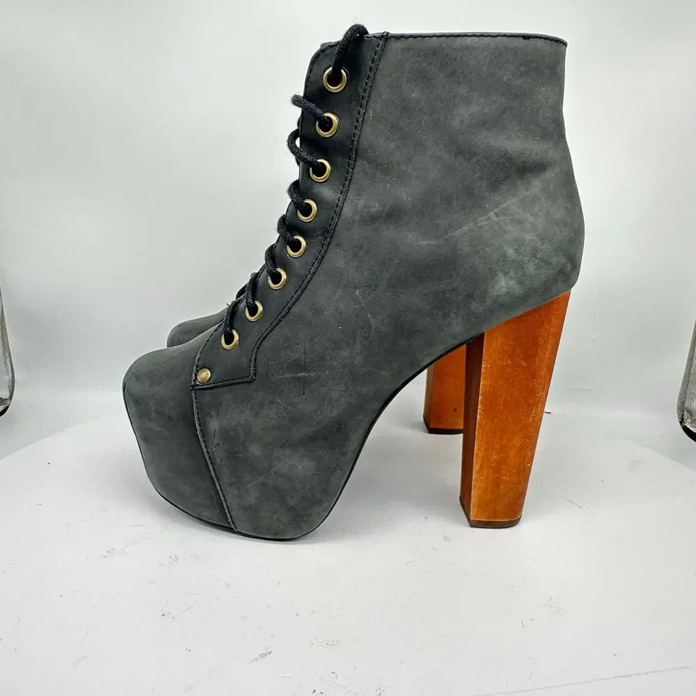 Jeffrey Campbell Lita Chunky Platform Gray Wooden Heel Leather Bootie Size 6.5